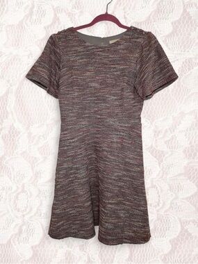 LOFT A-Line Dress Size 4 Red Grey Tweed Short Sleeve Pockets